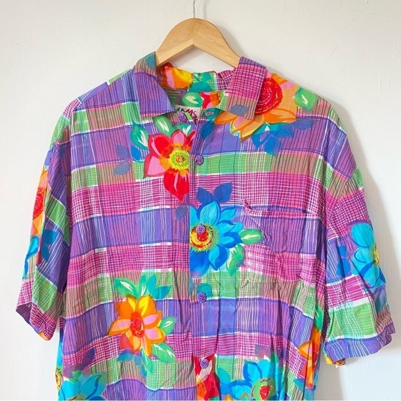JAMS WORLD Hawaiian Shirt 80s Pop Art Bold Floral Colorful Plaid Print Large - Picture 2 of 11
